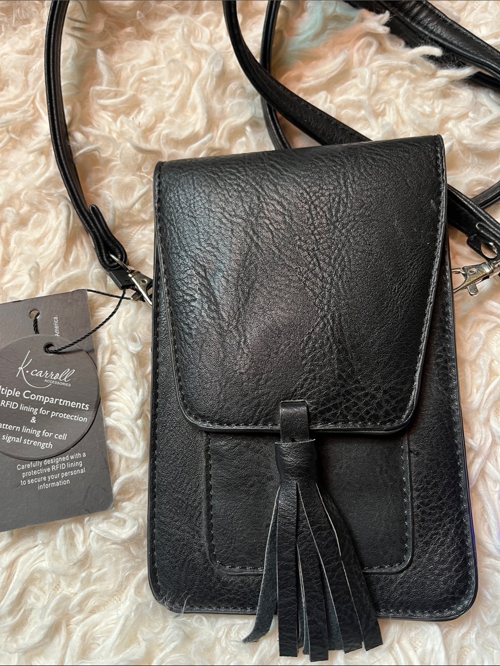 Black Crossbody RFID Phone & card Travel bag slim with Tassel NWT